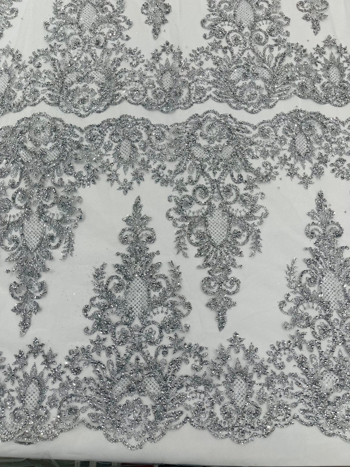 Trim Glitter Damask Design On A Mesh Lace 58" Wide - Polyester Glitter Lace Fabric - Gold, Damask Design, 58" Width (1 Yard)