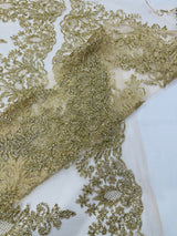 Trim Glitter Damask Design On A Mesh Lace 58" Wide - Polyester Glitter Lace Fabric - Gold, Damask Design, 58" Width (1 Yard)