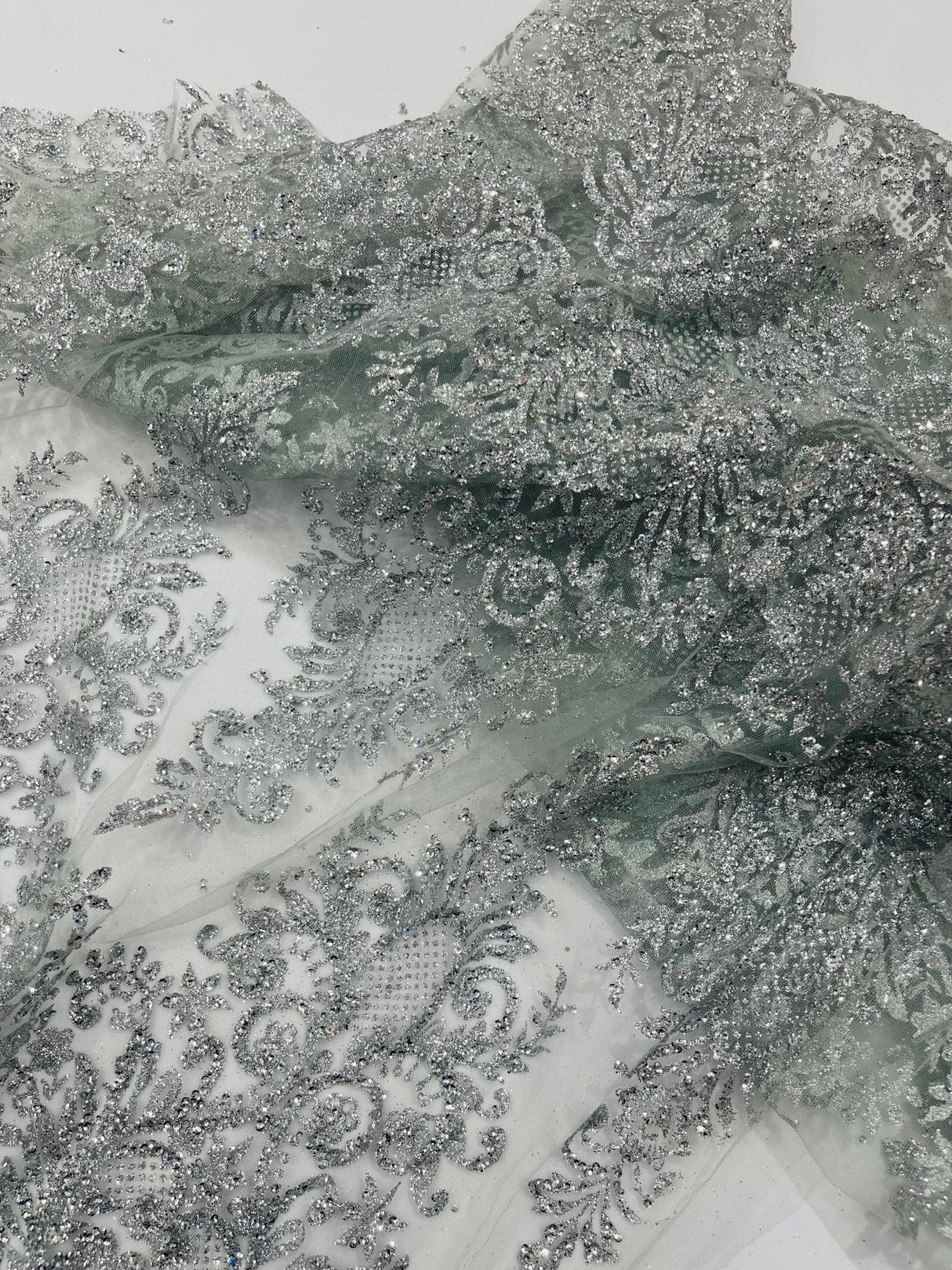 Trim Glitter Damask Design On A Mesh Lace 58" Wide - Polyester Glitter Lace Fabric - Gold, Damask Design, 58" Width (1 Yard)