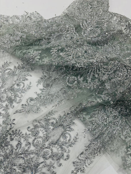 Trim Glitter Damask Design On A Mesh Lace 58" Wide - Polyester Glitter Lace Fabric - Gold, Damask Design, 58" Width (1 Yard)