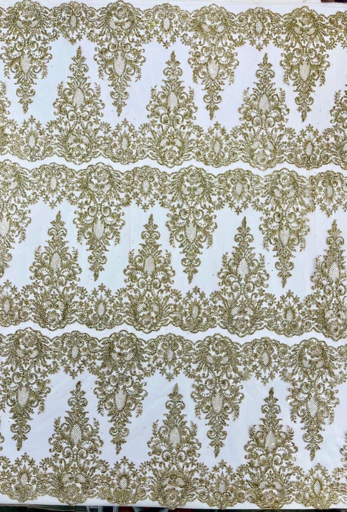 Trim Glitter Damask Design On A Mesh Lace 58" Wide - Polyester Glitter Lace Fabric - Gold, Damask Design, 58" Width (1 Yard)