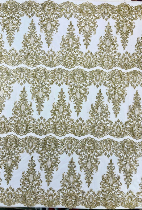 Trim Glitter Damask Design On A Mesh Lace 58" Wide - Polyester Glitter Lace Fabric - Gold, Damask Design, 58" Width (1 Yard)