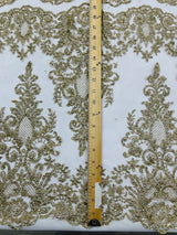 Trim Glitter Damask Design On A Mesh Lace 58" Wide - Polyester Glitter Lace Fabric - Gold, Damask Design, 58" Width (1 Yard)
