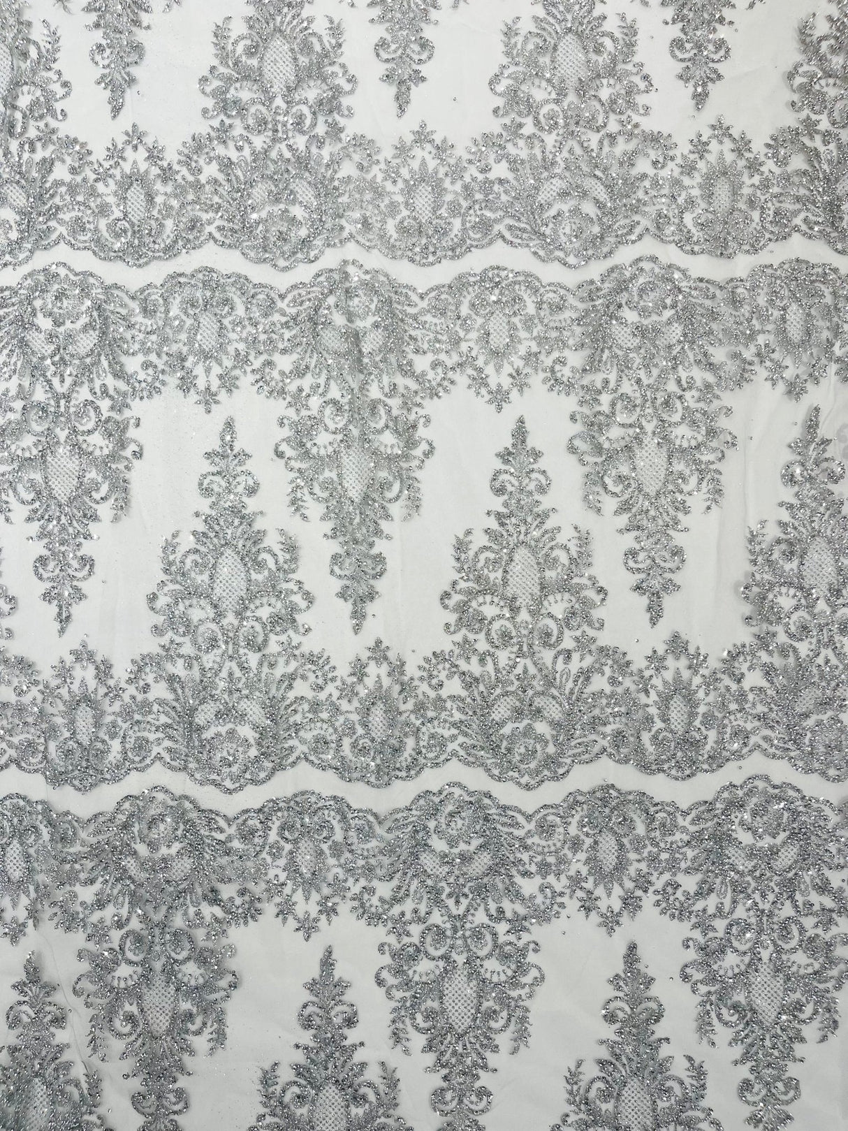 Trim Glitter Damask Design On A Mesh Lace 58" Wide - Polyester Glitter Lace Fabric - Gold, Damask Design, 58" Width (1 Yard)