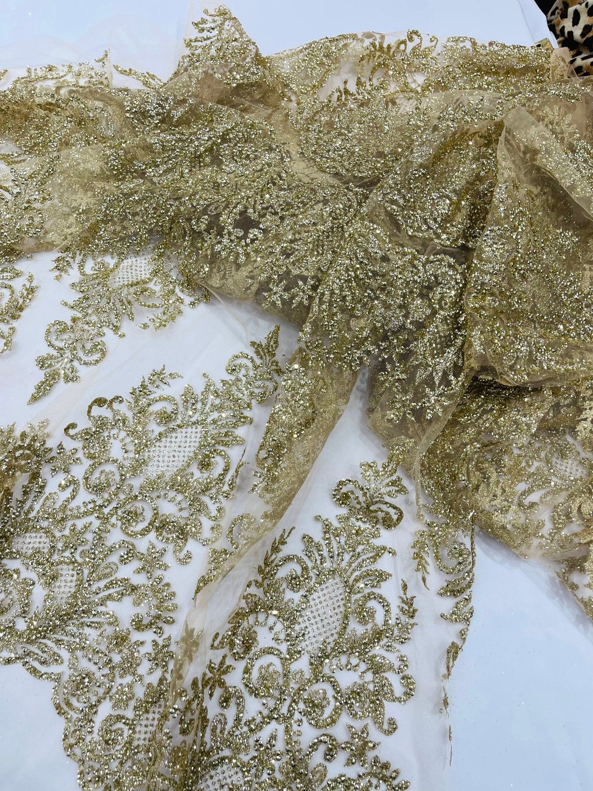 Trim Glitter Damask Design On A Mesh Lace 58" Wide - Polyester Glitter Lace Fabric - Gold, Damask Design, 58" Width (1 Yard)