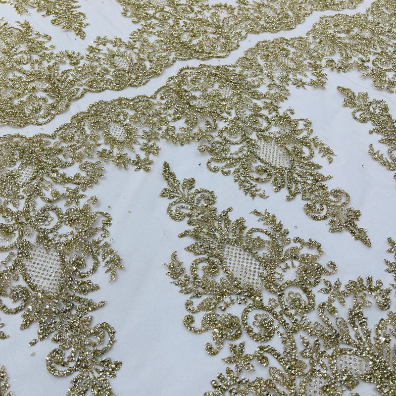 Trim Glitter Damask Design On A Mesh Lace 58" Wide - Polyester Glitter Lace Fabric - Gold, Damask Design, 58" Width (1 Yard)