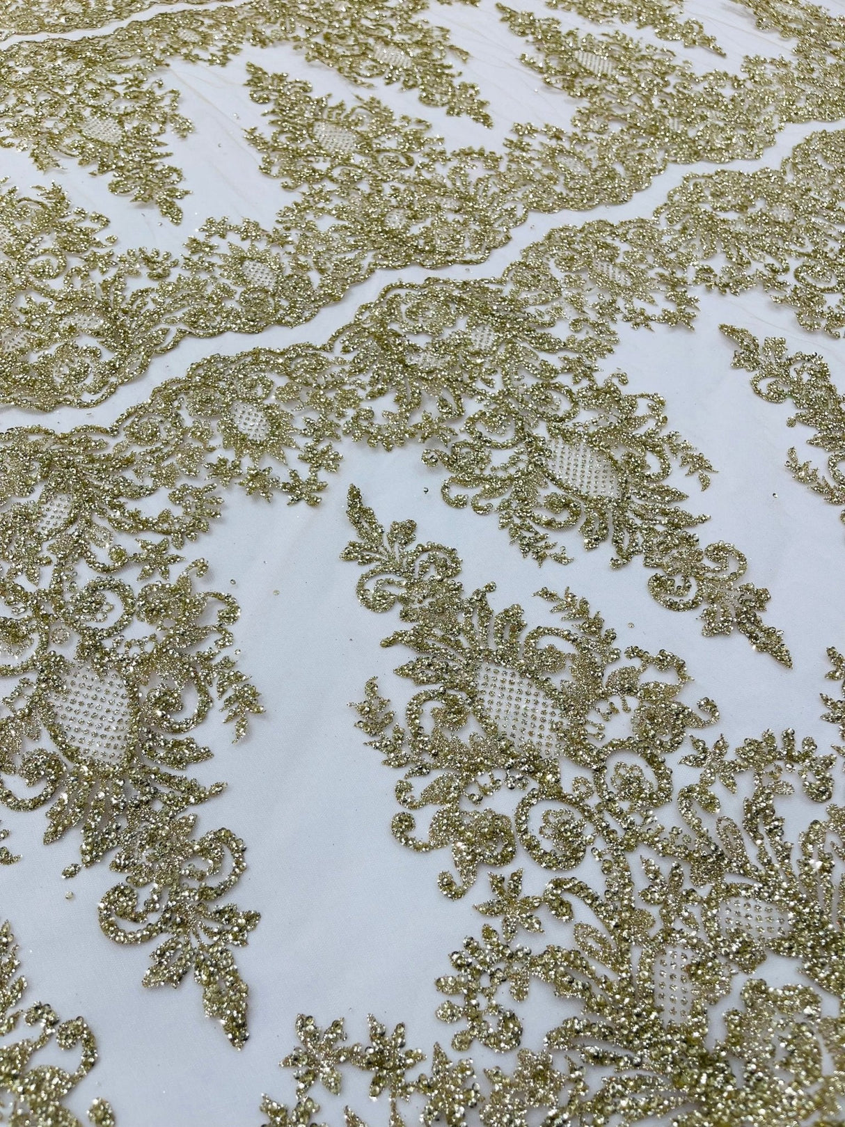 Trim Glitter Damask Design On A Mesh Lace 58" Wide - Polyester Glitter Lace Fabric - Gold, Damask Design, 58" Width (1 Yard)