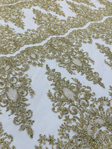 Trim Glitter Damask Design On A Mesh Lace 58" Wide - Polyester Glitter Lace Fabric - Gold, Damask Design, 58" Width (1 Yard)