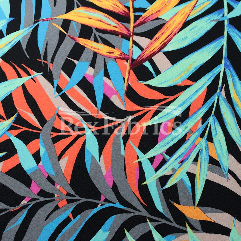 Tropical Leaf Nylon Spandex Fabric - Black/Yellow Palm Leaf Print, 58/60" Width (1 Yard)