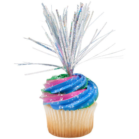 Holographic Silver Spray Mylar Celebration cake and cupcakes picks - set of 24