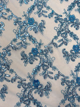 Elena'S Lace Turquoise Polyester Lace Fabric - Turquoise Corded Mesh, Sequins, Double Scalloped Edge, 54" Width (1 Yard)