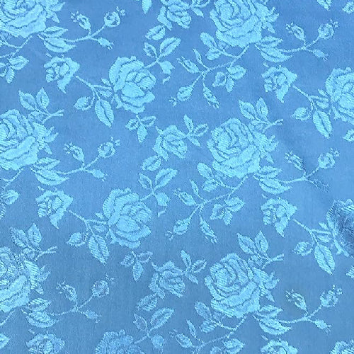 Turquoise Rose Floral Jacquard Satin Fabric - Turquoise Rose Floral Jacquard, 60" Width