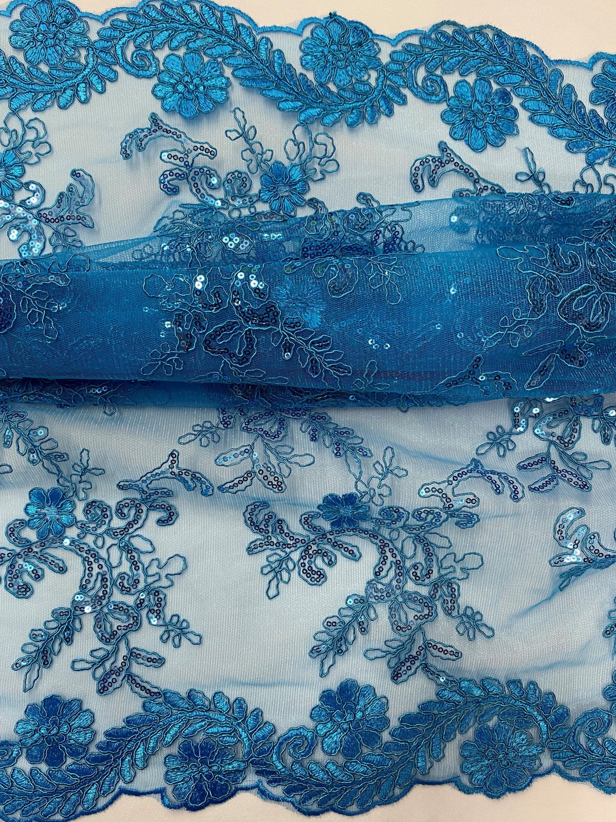 Elena'S Lace Turquoise Polyester Lace Fabric - Turquoise Corded Mesh, Sequins, Double Scalloped Edge, 54" Width (1 Yard)