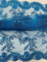 Elena'S Lace Turquoise Polyester Lace Fabric - Turquoise Corded Mesh, Sequins, Double Scalloped Edge, 54" Width (1 Yard)