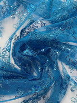Elena'S Lace Turquoise Polyester Lace Fabric - Turquoise Corded Mesh, Sequins, Double Scalloped Edge, 54" Width (1 Yard)