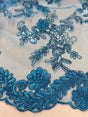 Elena'S Lace Turquoise Polyester Lace Fabric - Turquoise Corded Mesh, Sequins, Double Scalloped Edge, 54" Width (1 Yard)