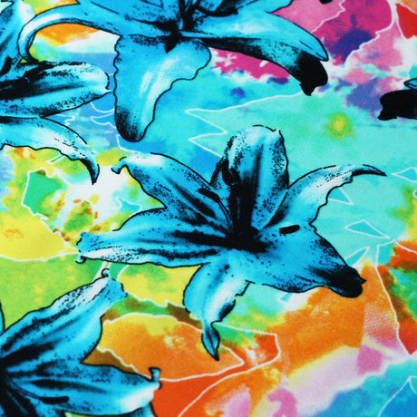 Neon Garden Nylon Spandex Fabric - Multicolor Blue Lily Floral Print, 58-60" Width (1 Yard)