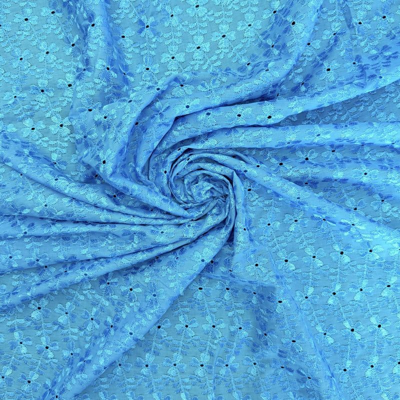 Heavy Eyelet Turquoise Polyester Cotton Fabric - Turquoise Floral Embroidery, 41"- 42" Width