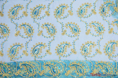 Coco Paisley Polyester Fabric - Sheer Embroidered Paisley, Double Scallop Lace, 52" Width (1 Yard)