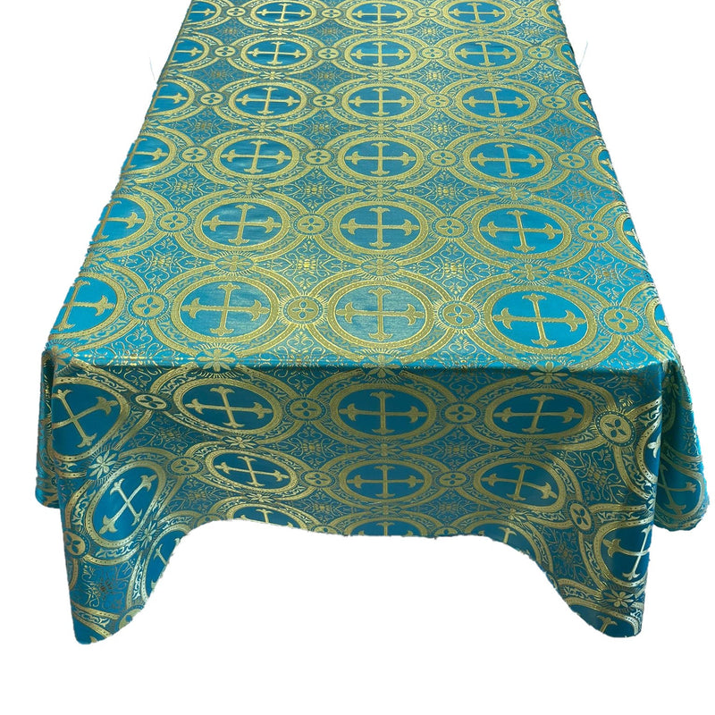Turquoise/Gold Metallic Cross Brocade Jacquard Satin Fabric - Rectangular, Turquoise/Gold, Metallic Cross Pattern, 60" Width (1 Piece)