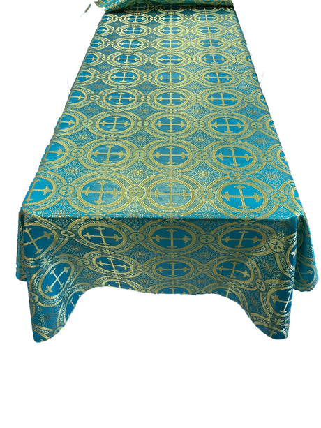 Turquoise/Gold Metallic Cross Brocade Jacquard Satin Fabric - Rectangular, Turquoise/Gold, Metallic Cross Pattern, 60" Width (1 Piece)