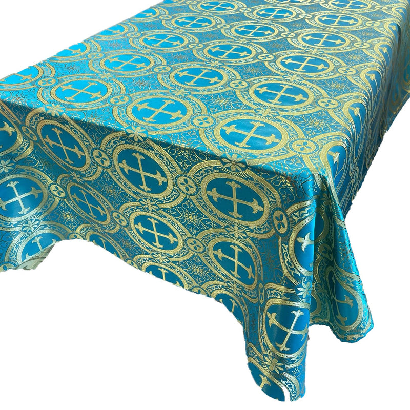 Turquoise/Gold Square Metallic Cross Jacquard Satin Fabric - Turquoise/Gold Metallic Cross Brocade, Square Pattern, 36" To 58" Sizes (1 Piece)