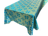 Turquoise/Gold Square Metallic Cross Jacquard Satin Fabric - Turquoise/Gold Metallic Cross Brocade, Square Pattern, 36" To 58" Sizes (1 Piece)