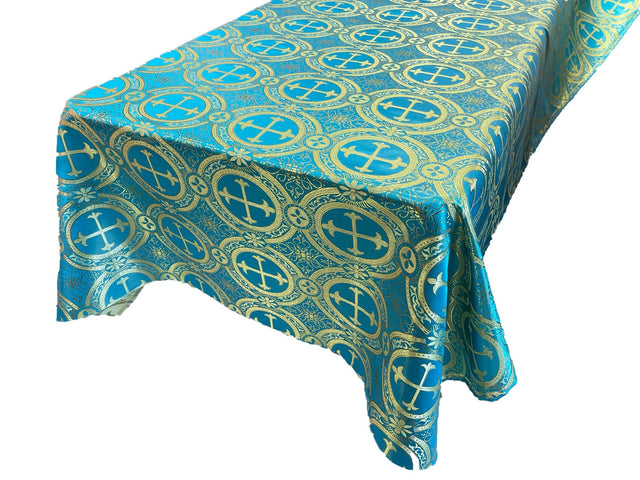 Turquoise/Gold Square Metallic Cross Jacquard Satin Fabric - Turquoise/Gold Metallic Cross Brocade, Square Pattern, 36" To 58" Sizes (1 Piece)