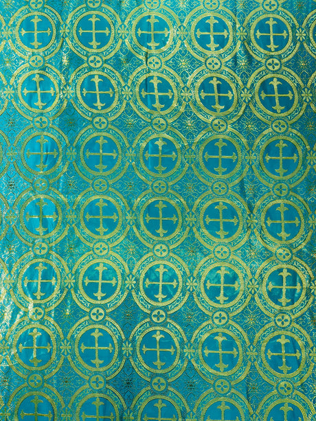 Turquoise/Gold Square Metallic Cross Jacquard Satin Fabric - Turquoise/Gold Metallic Cross Brocade, Square Pattern, 36" To 58" Sizes (1 Piece)
