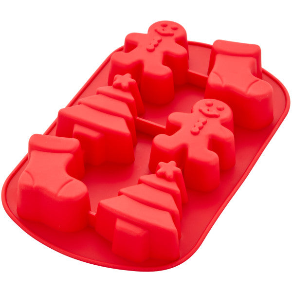Wilton Christmas Stocking, Tree and Gingerbread Boy Silicone Baking and Candy Mold, 6-Cavity