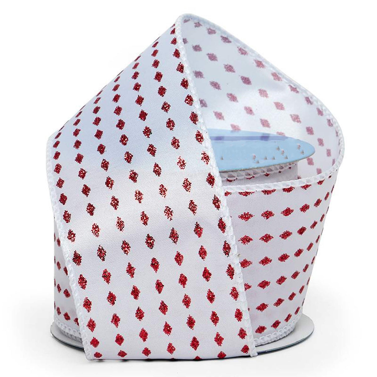 Mini Glitter Diamonds On Satin Wired Ribbon 2 1/2 '' X 10 yd Red / White Color 1 / roll