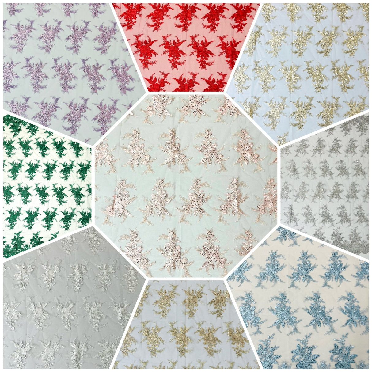 Valentina Embroider Floral Lace Polyester Fabric - Corded Floral Embroidery With Sequins, Mesh Lace, Double Scallop Edge, 50-54" Width (1 Yard)