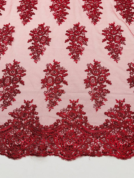 Valentina Floral Embroider With Sequins Mesh Lace Fabric - Floral Embroidered Sequins, 54" Width (1 Yard)
