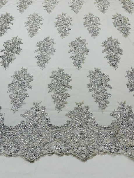 Valentina Floral Embroider With Sequins Mesh Lace Fabric - Floral Embroidered Sequins, 54" Width (1 Yard)