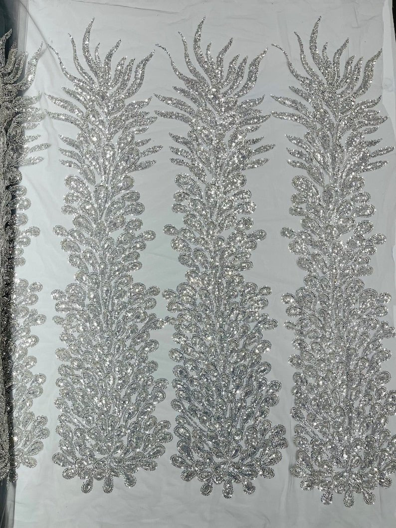 Vegas Beaded Feather Design Mesh Fabric - Beaded Feather Pattern, 50" Width (1 Panel)
