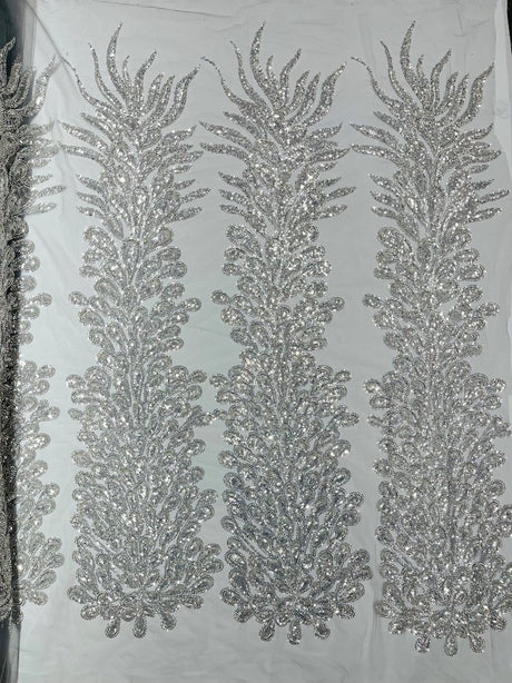 Vegas Beaded Feather Design Mesh Fabric - Beaded Feather Pattern, 50" Width (1 Panel)