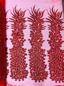 Vegas Beaded Feather Design Mesh Fabric - Beaded Feather Pattern, 50" Width (1 Panel)