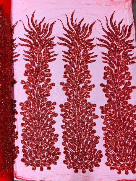 Vegas Beaded Feather Design Mesh Fabric - Beaded Feather Pattern, 50" Width (1 Panel)