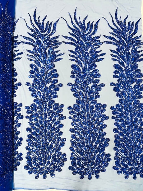 Vegas Beaded Feather Design Mesh Fabric - Beaded Feather Pattern, 50" Width (1 Panel)