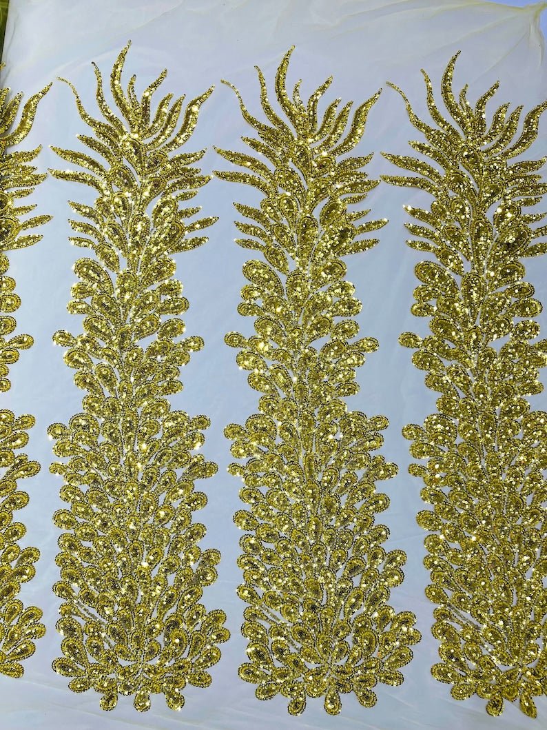 Vegas Beaded Feather Design Mesh Fabric - Beaded Feather Pattern, 50" Width (1 Panel)