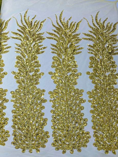 Vegas Beaded Feather Design Mesh Fabric - Beaded Feather Pattern, 50" Width (1 Panel)