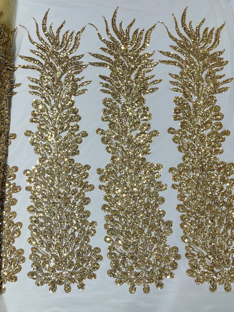 Vegas Beaded Feather Design Mesh Fabric - Beaded Feather Pattern, 50" Width (1 Panel)