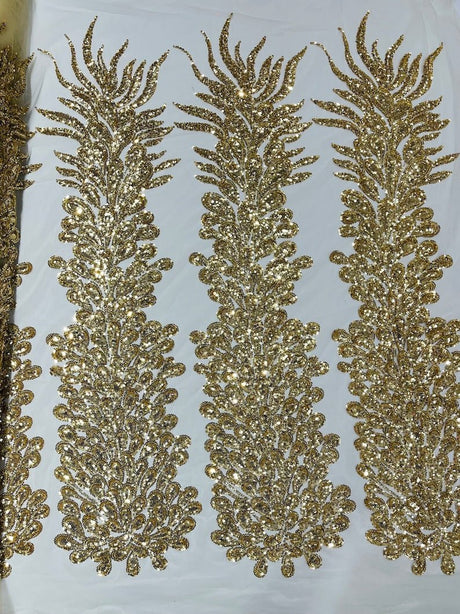 Vegas Beaded Feather Design Mesh Fabric - Beaded Feather Pattern, 50" Width (1 Panel)