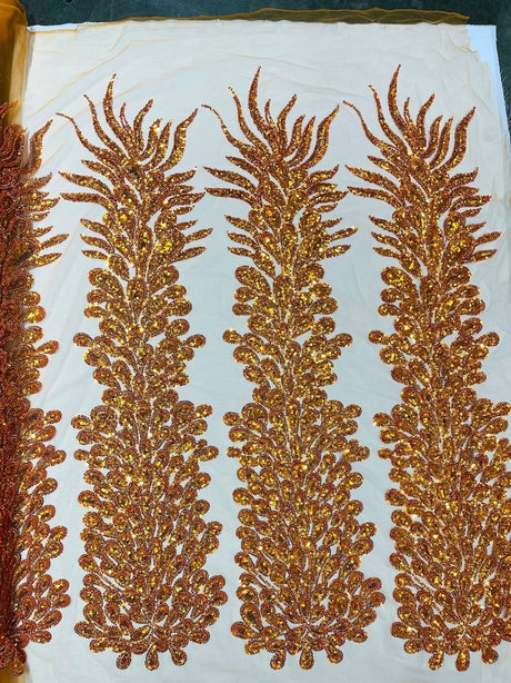 Vegas Beaded Feather Design Mesh Fabric - Beaded Feather Pattern, 50" Width (1 Panel)