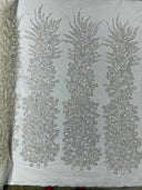 Vegas Beaded Feather Design Mesh Fabric - Beaded Feather Pattern, 50" Width (1 Panel)