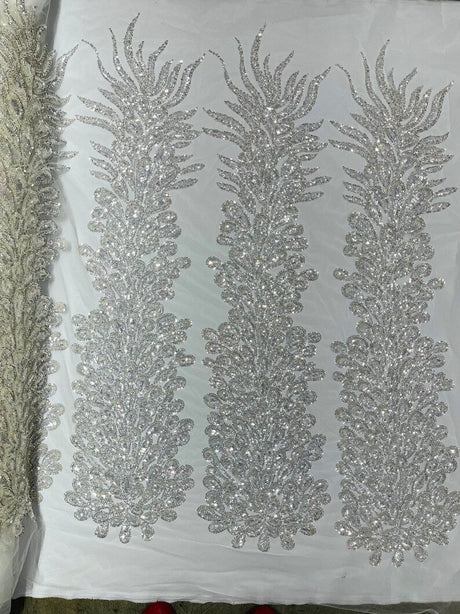 Vegas Beaded Feather Design Mesh Fabric - Beaded Feather Pattern, 50" Width (1 Panel)