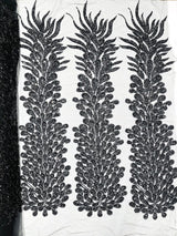 Vegas Beaded Feather Design Mesh Fabric - Beaded Feather Pattern, 50" Width (1 Panel)