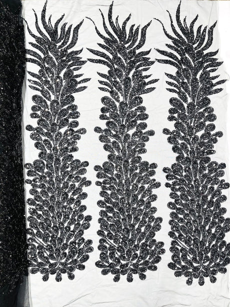 Vegas Beaded Feather Design Mesh Fabric - Beaded Feather Pattern, 50" Width (1 Panel)