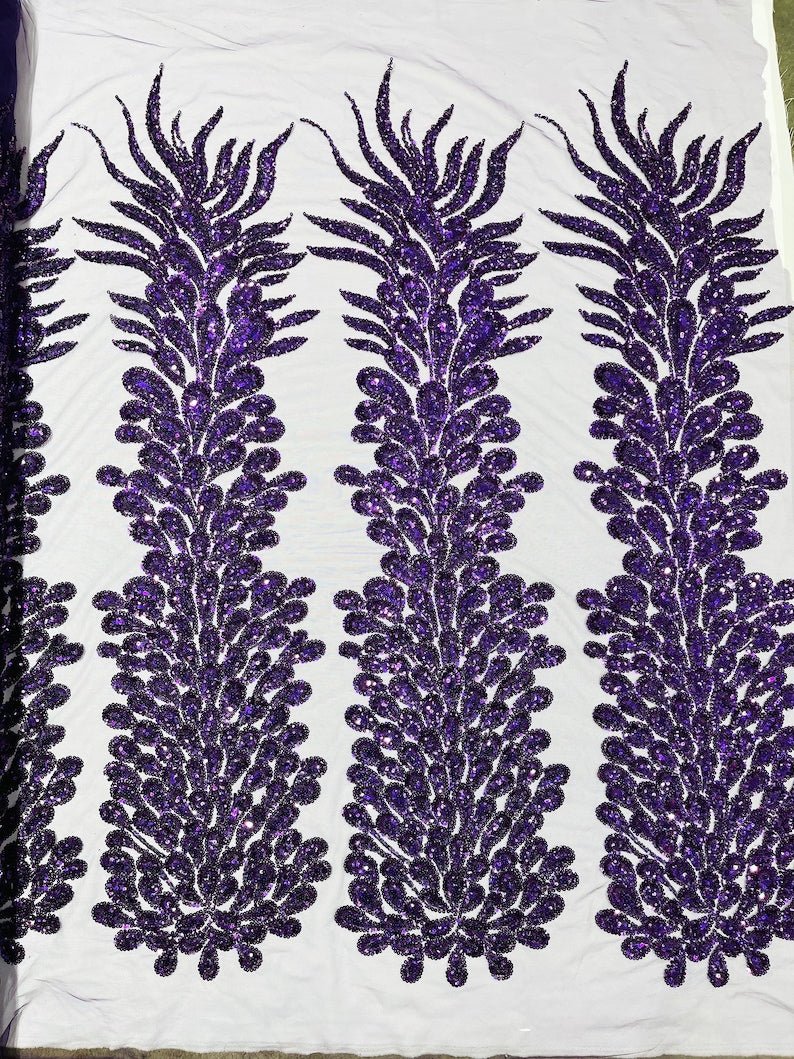 Vegas Beaded Feather Design Mesh Fabric - Beaded Feather Pattern, 50" Width (1 Panel)
