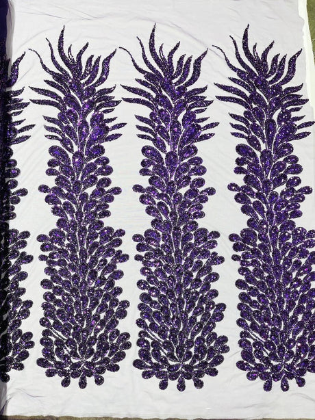 Vegas Beaded Feather Design Mesh Fabric - Beaded Feather Pattern, 50" Width (1 Panel)